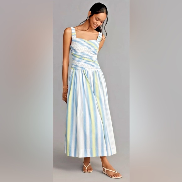 Anthropologie Dresses & Skirts - Anthropologie Square-Neck Drop-Waist Smocked Maxi Dress‎ Size Medium Blue Yellow